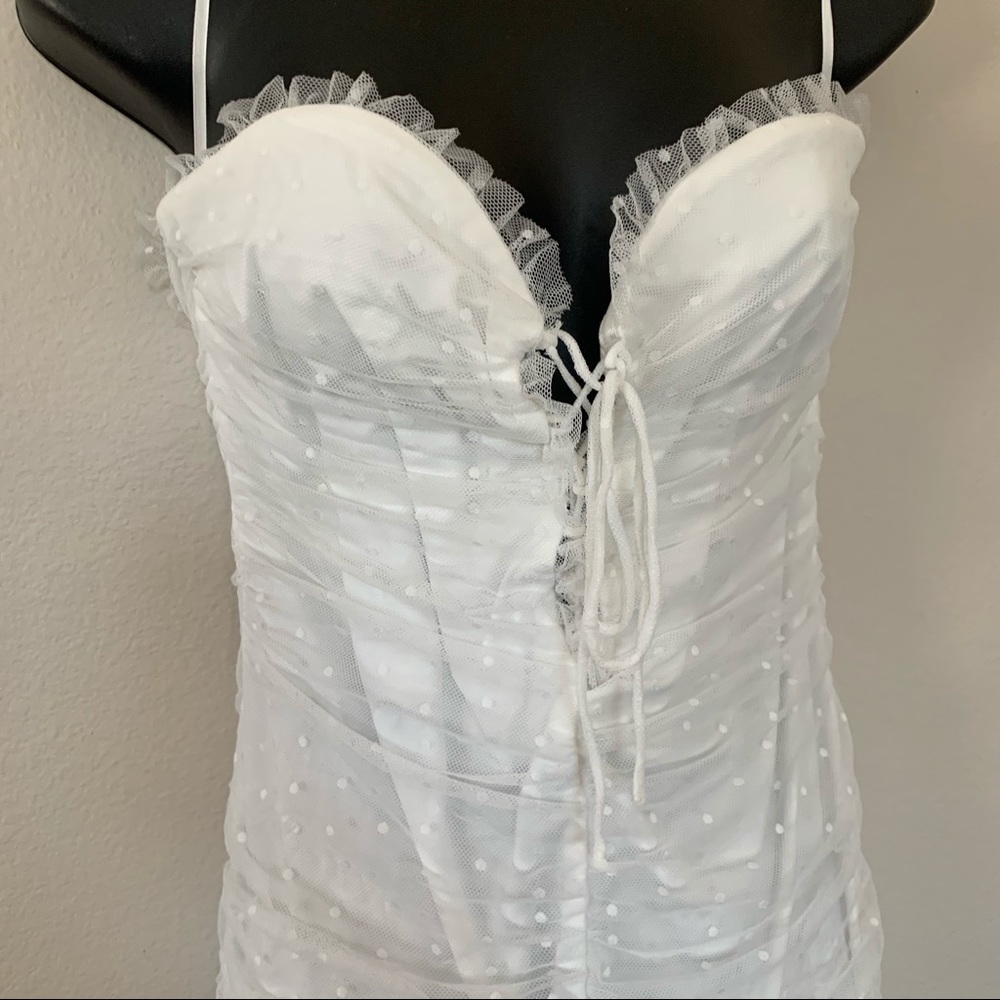 Princess Polly Ayesha White Ruched Polka Dot Ruched Lace Tie Bust Mini Dress - Picture 6 of 13